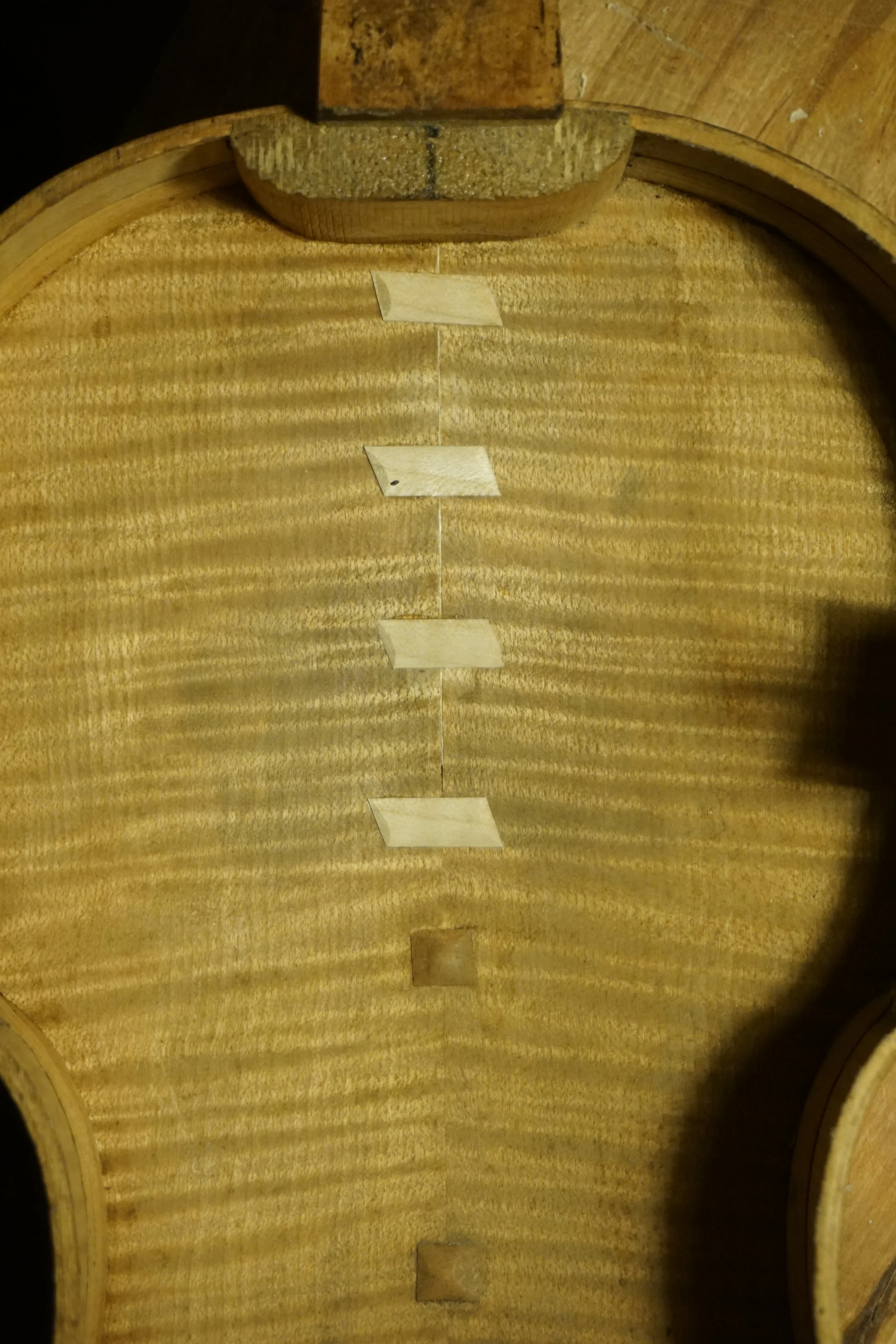 Innenansicht eines Streichinstruments während der Restauration
